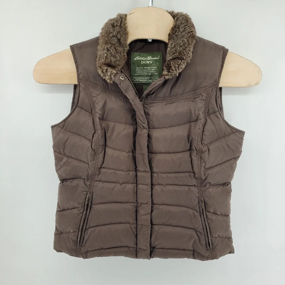 Eddie Bauer Womens Goose Down Puffer Vest Large Brown Faux Fur Trim Collar